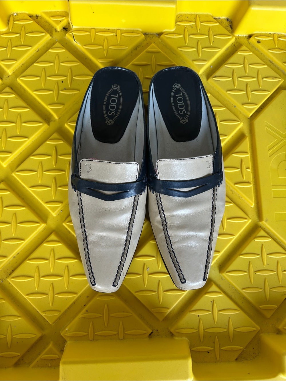 Tod's White Leather Loafers with Navy Trim